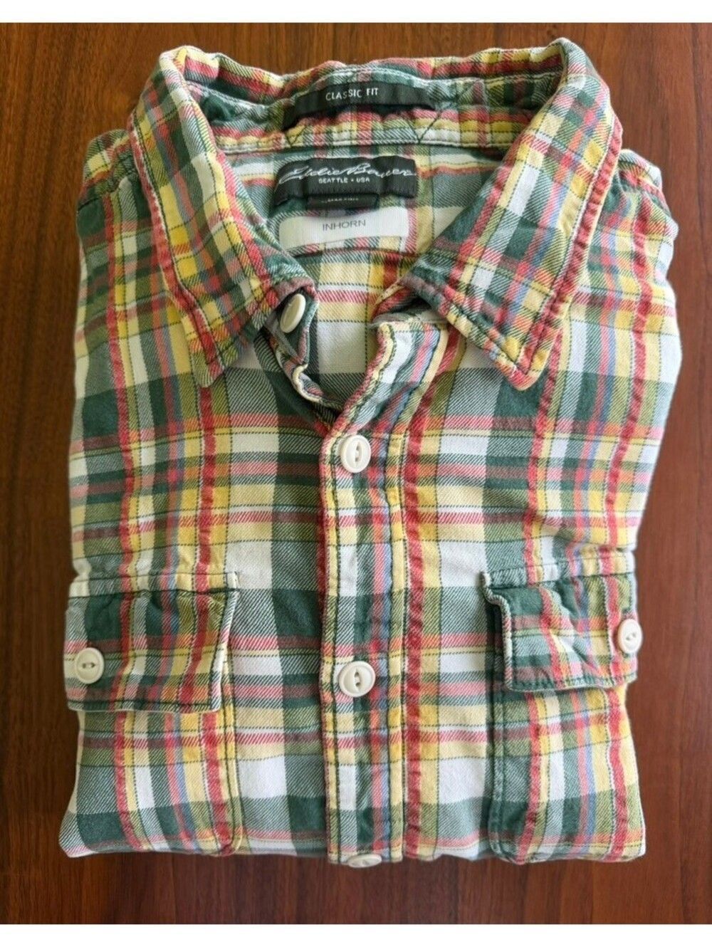 Eddie Bauer Men's Green/Yellow/Orange Plaid Flannel Button-Down Shirt - Size LT